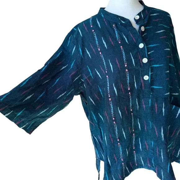 Market Place Handwork Of India Blue Cotton 3/4 Length Sleeve Tunic Size 1W - Picture 2 of 10